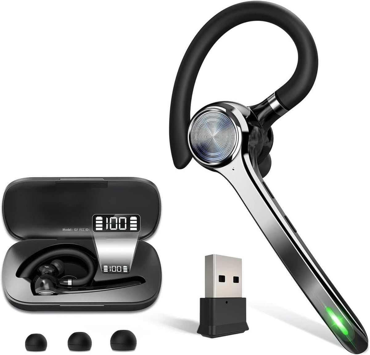 Bluetooth Headset, Wireless Bluetooth Earpiece with 500mAh Charging Case 72 Hours Talking Time Built-in Microphone for iOS Android Cell Phone, V5.1 Hand-Free Headphones with USB Dongle