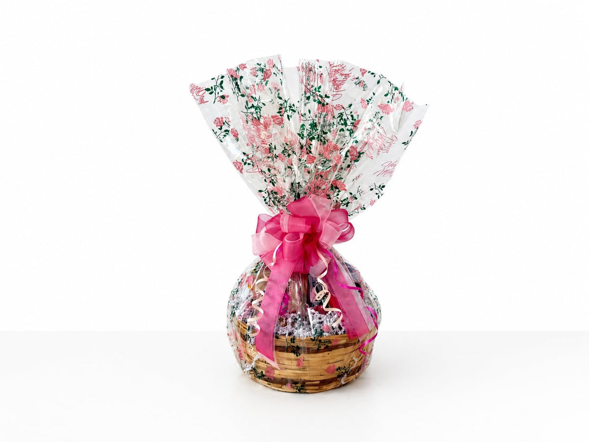 Mothers Day Gift Basket with Chocolate, Candy & Snacks - 8 Inch Wrapped Gift Basket - Holiday Treats for Mom, Grandma, Family, Friends & Coworkers