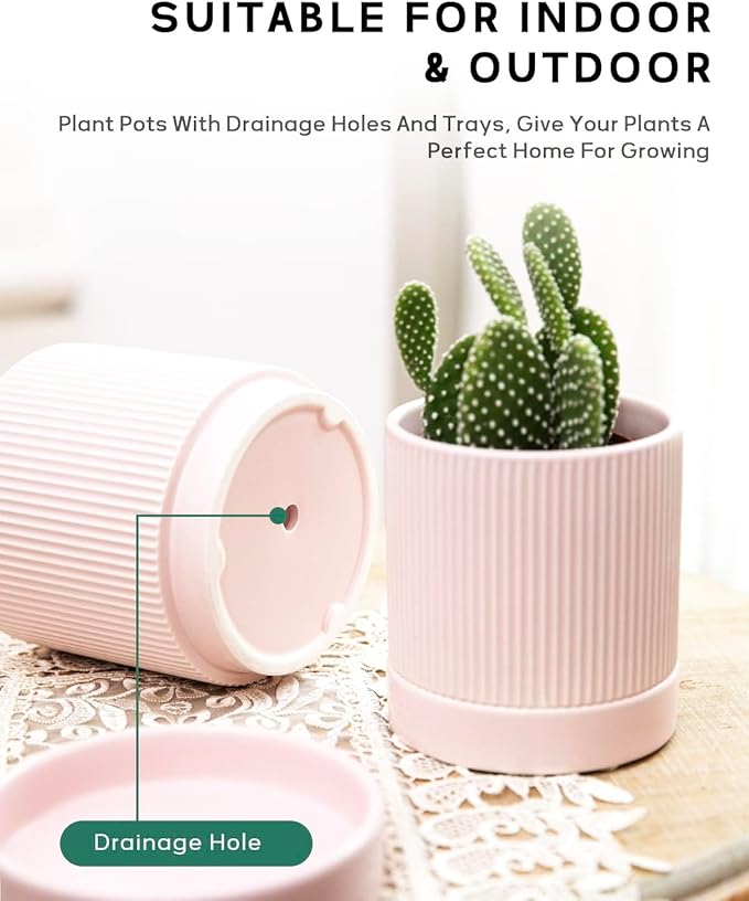 LaDoVita 3 Pack Ceramic Plant Pots 6/5/4 inch, Flowerpot for Indoor Plants with Drainage Holes and Tray, Outdoor Garden Planters, Modern Decorative for Home, Pink Vertical Stripes