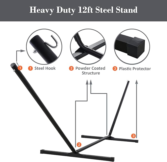 SUNCREAT Double Portable Hammock with Stand, 2 Person Hammock with Curved Spreader Bar, Balance Ropes Included, Dark Gray