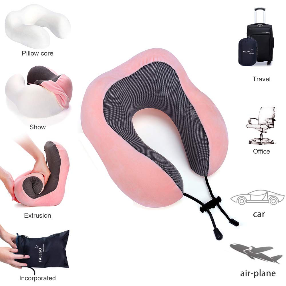 TALLGO Travel Pillow, Best Memory Foam Neck Pillow Head Support Soft Pillow for Sleeping Rest, Airplane Car & Home Use (Pink)