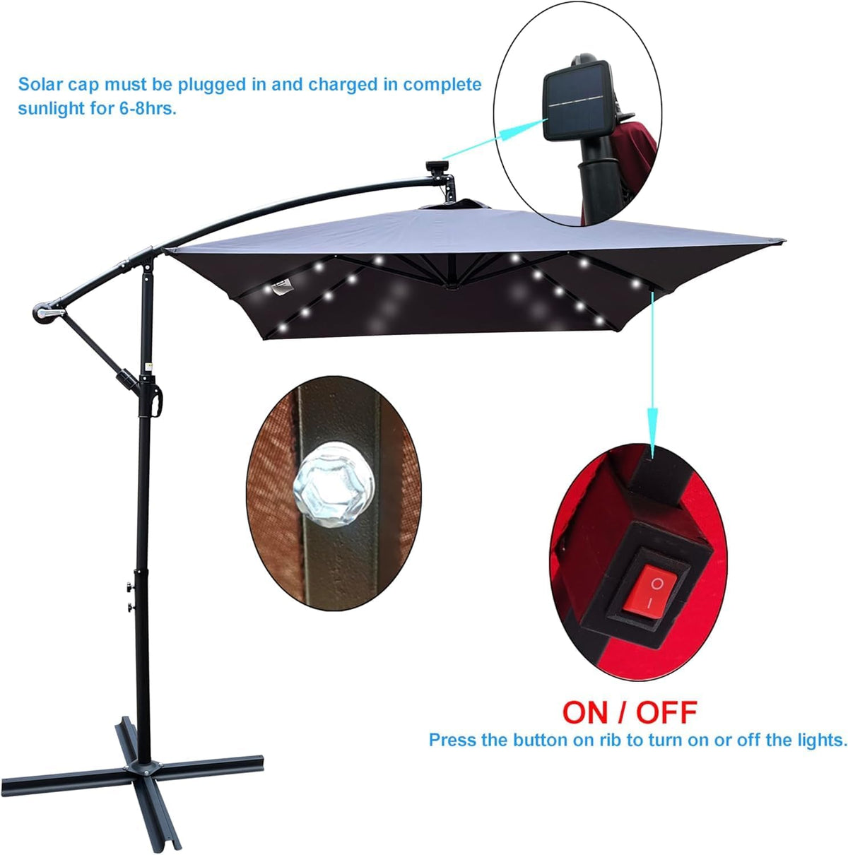 10x6.5FT Patio Umbrella, Outdoor Offset Umbrella with Cross Base and Crank, Rectangular Cantilever Umbrella with Solar Lights, Hanging Market Umbrella with 6 Rids for Pool, Deck, Backyard (Anthracite)