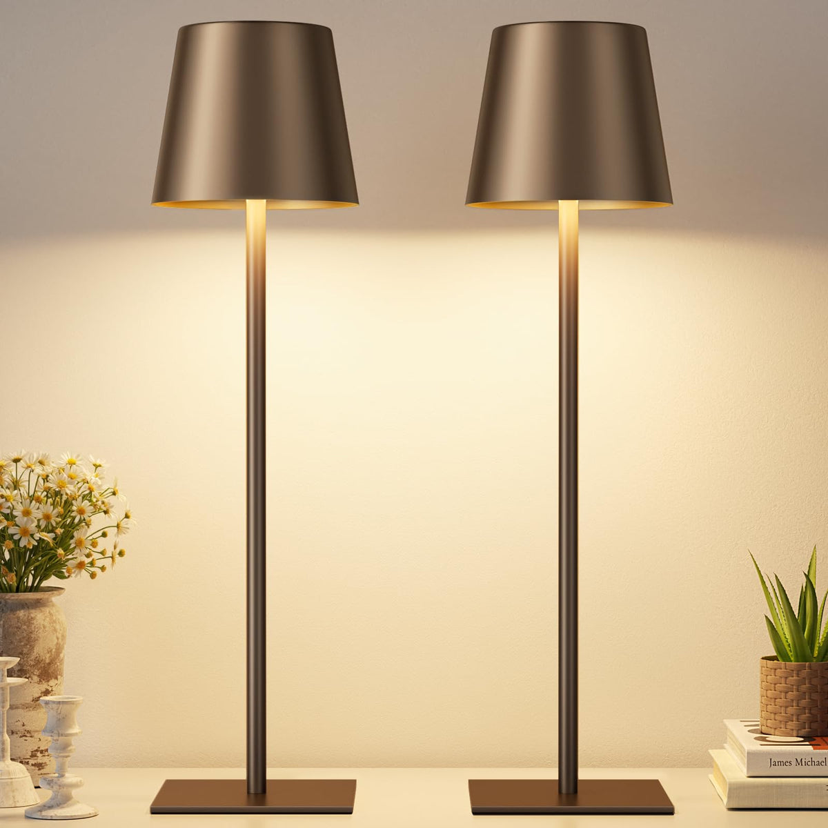 Kakanuo Brown Cordless Rechargeable Table Lamp, 2 Pack Portable Desk Lamp with 5000mAh Battery, Touch Control Stepless Dimming, for Dining, Outdoor Camping, Coffee Shop