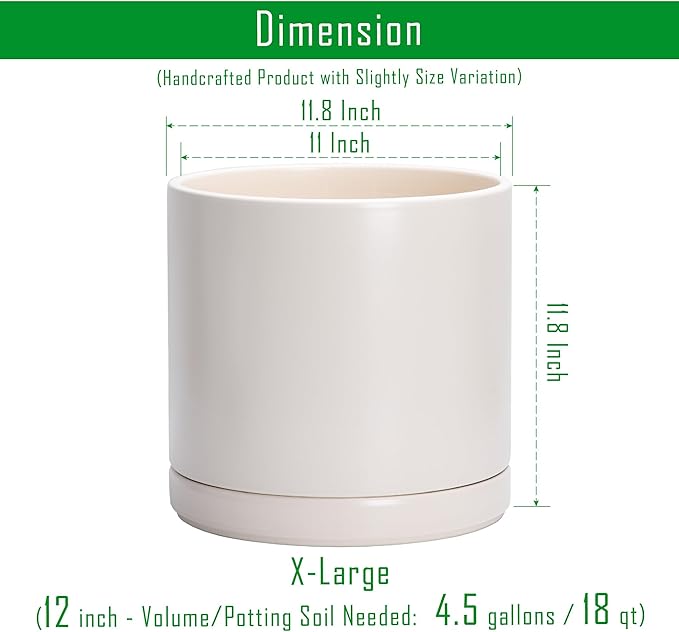 D'vine Dev 12 Inch Ceramic Planter Pot with Drainage Hole and Saucer, Indoor Cylinder Round Planter Pot, Oatmeal, 94-O-F-8
