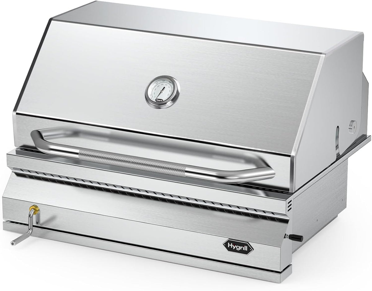 Hygrill Charcoal Grill Head for Outdoor Kitchen, 32-inch Stainless Steel Built-In Grill with Insulated Hood, Temperature Gauge and Fabric Cover
