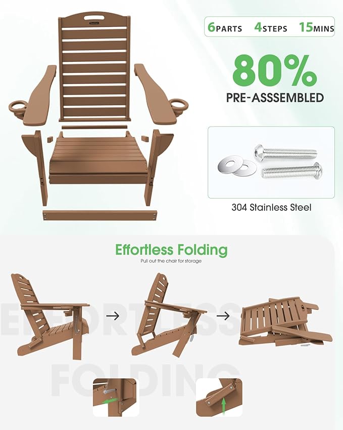 Adirondack Chairs Set of 6, Outdoor Fire Pit Chairs, HDPE All-Weather Adirondack Chairs with Cup Holder, Lawn Chair for Deck, Patio, Garden (Teak)