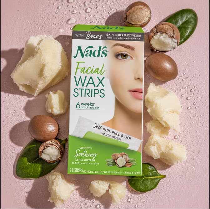 Nad's Facial Wax Strips - Hypoallergenic All Skin Types - Facial Hair Removal For Women - At Home Waxing Kit with 20 Face Wax Strips + 4 Calming Oil Wipes + Skin Protection Powder