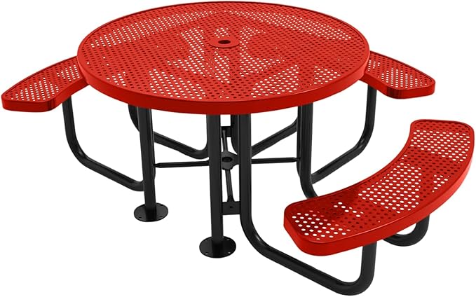 Heavy-Duty Portable Outdoor Picnic Table with Umbrella Hole, Punched Steel Patio Dining Furniture Made in America (46" Round Top, Red)