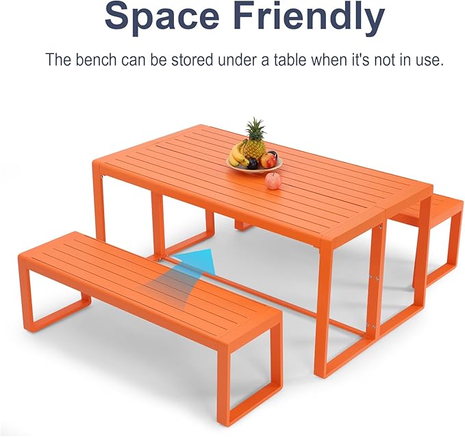Aoodor 3-Piece Outdoor Patio Dining Set, Aluminum Furniture Set with 1 Rectangular Picnic Table and 2 Benches for Garden, Lawn, Yard