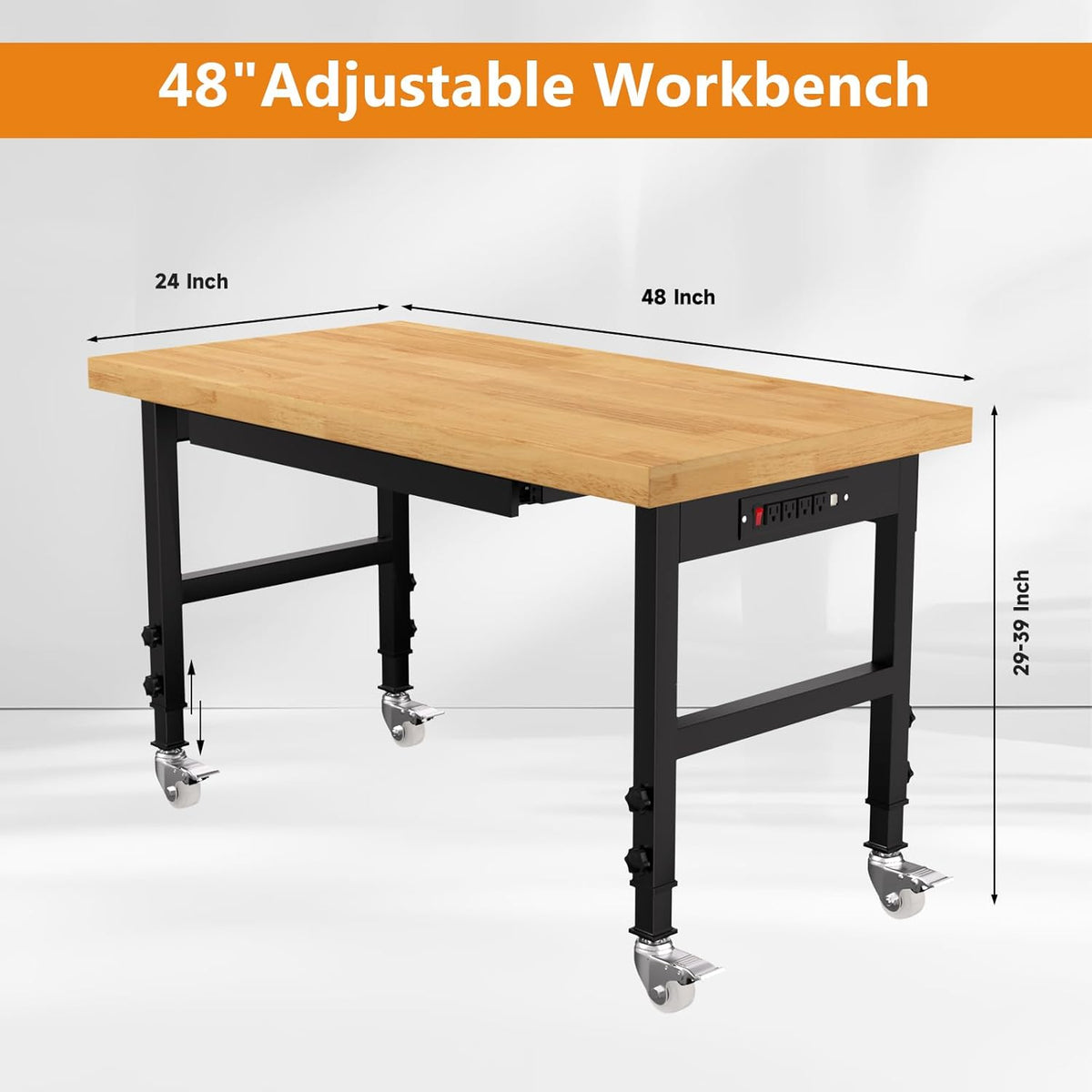 Solid Wood 48" Work Bench with Drawers, Adjustable Height Workbench with Wheels, Heavy-Duty Work Table with Power Outlets, 2000 LBS Capacity Workstation for Garage, Workshop(48" X 24")