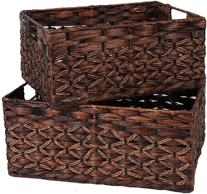 Rectangular Woven Water Hyacinth Basket,Dark Storage Basket With Inside Handle Shelves Kitchen Office Desk (Set of 2)