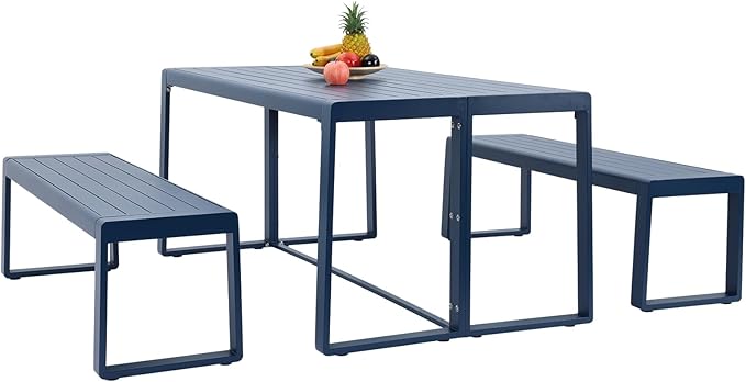 Aoodor 3-Piece Outdoor Patio Dining Set, Aluminum Furniture Set with 1 Rectangular Picnic Table and 2 Benches for Garden, Lawn, Yard