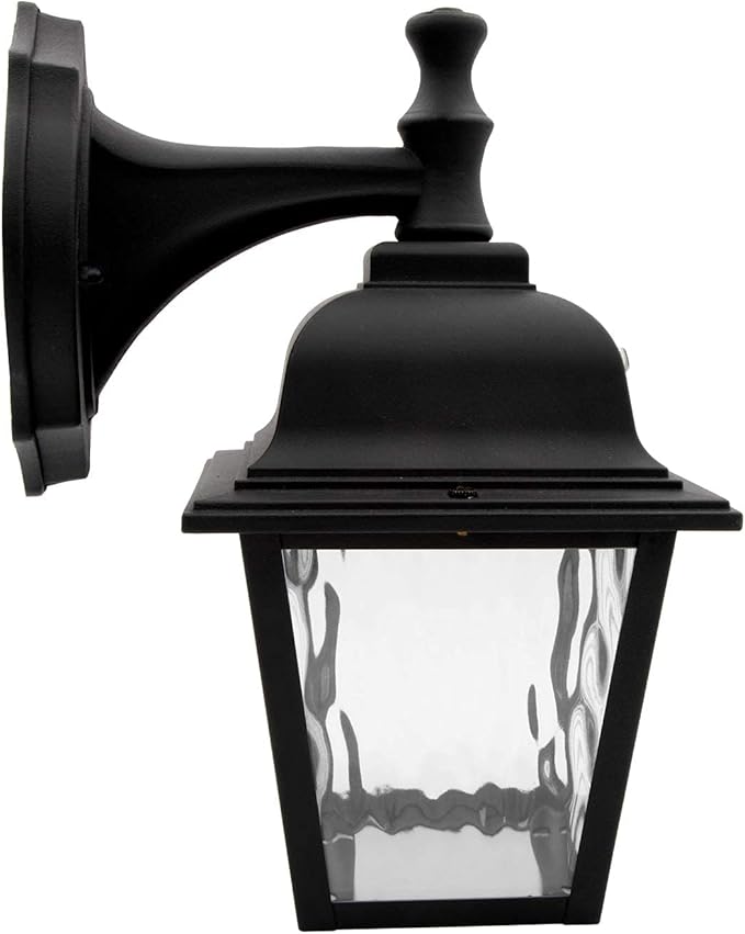 Maxxima LED Porch Lantern Outdoor Wall Light Fixture - Black, Clear Water Glass, Photocell Sensor, 875 Lumens, 3000K Warm White, Dusk to Dawn Light Sensor, Exterior Decorative Light
