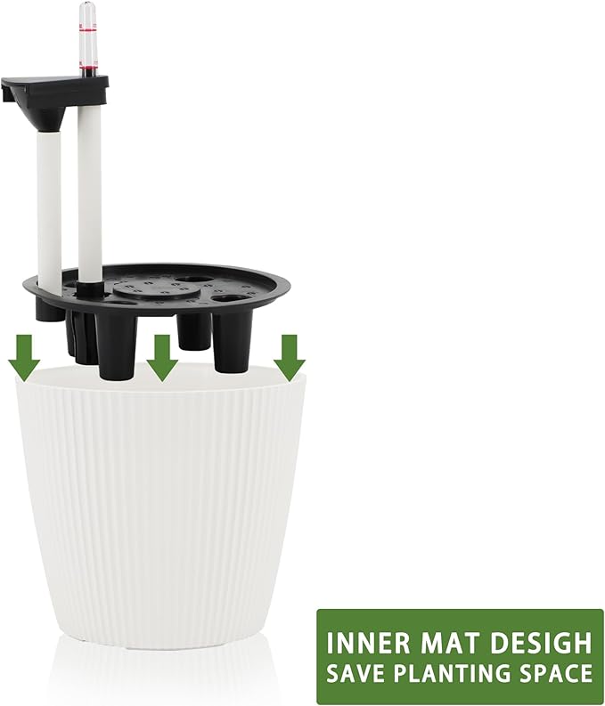 Dexceder 13x12 Self Watering Planters Indoor, Inner Mat Design, Floor Standing Flower Plant Pot with Water Level Indicator (2 Pack, White)
