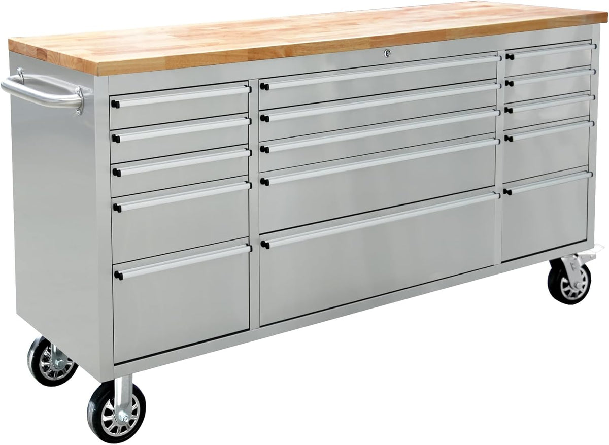CT Copper Tailor 72-inch Rolling Tool Chest with 15 Drawers and Wheels, Mobile Garage Workbench, Large Tool Box Storage Tool Cabinet with Wood Top for Workshop,Stainless Steel