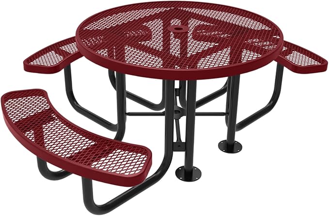 Coated Outdoor Furniture Heavy-Duty Portable ADA-Compliant Outdoor Picnic Table with Umbrella Hole, Expanded Metal Patio Dining Furniture Made in America (46" Round Top, Burgundy)