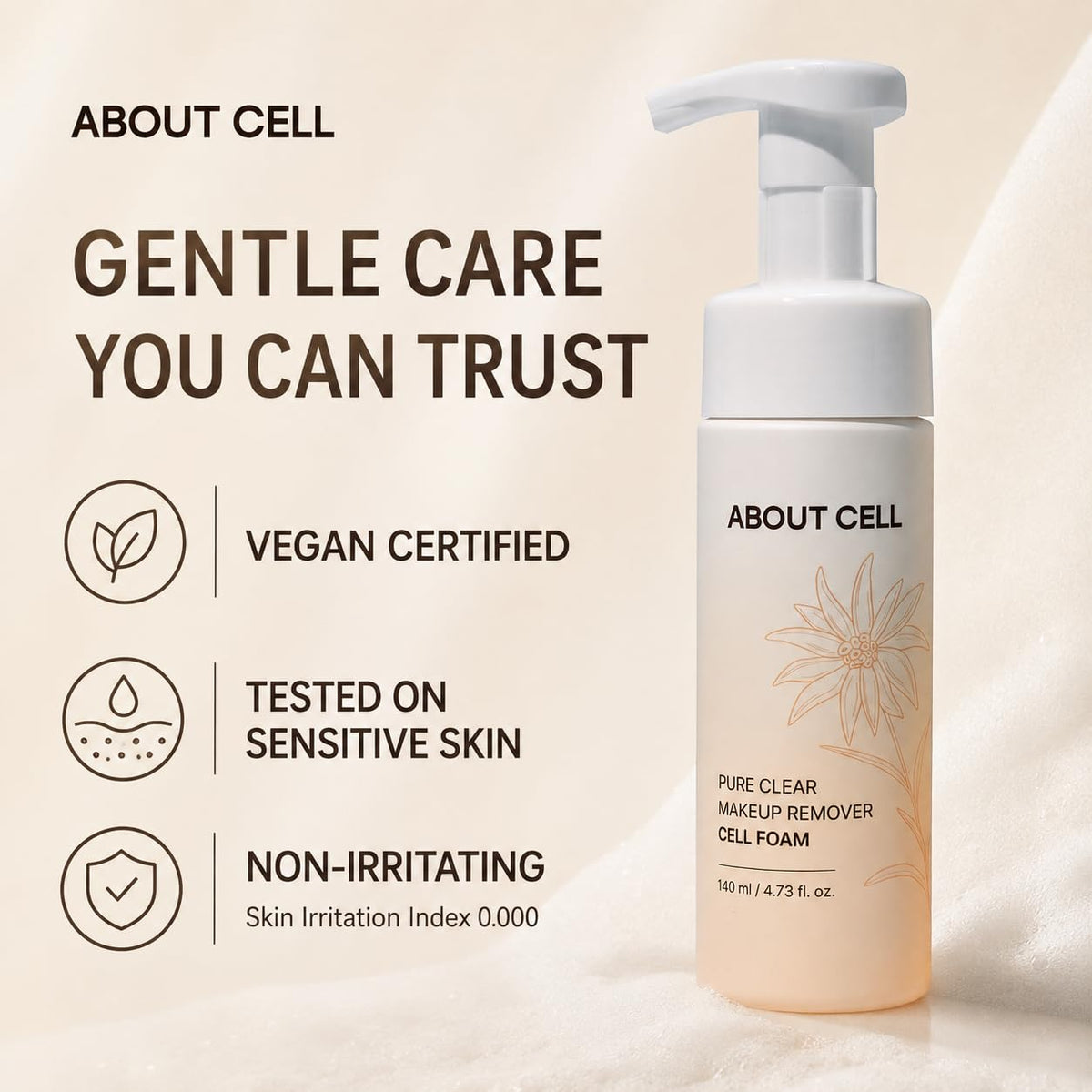 ABOUT CELL Pure Clear Foaming Makeup Remover, 2-in-1 Face Wash for Base Makeup & Sunscreen, Micro-Bubble Korean Facial Cleanser for Sensitive Skin, 140 mL (4.73 fl oz)