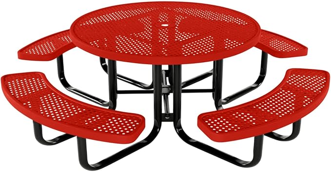 Coated Outdoor Furniture Heavy-Duty Portable Outdoor Kids Table with Umbrella Hole, Punched Steel Kids Picnic Table, Commercial-Grade, Made in America (46 In, Round, Childrens, Red)