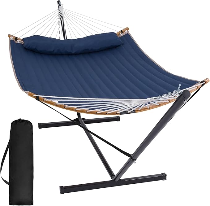 SUNCREAT Portable Outdoor Hammock with Stand, Heavy Duty Hammock with Carrying Bag, Soft Pillow, Balance Ropes, Dark Blue