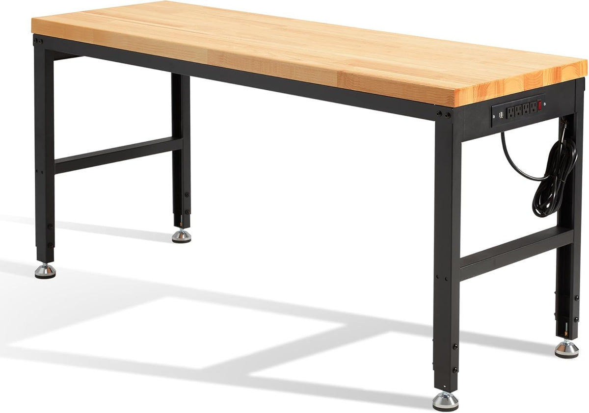 HABUTWAY Height Adjustable Workbench, 60"x20" 2000 Lbs Capacity Solid Wood Work Station Heavy-Duty, with Power Outlets, for Garage Party Shop Office