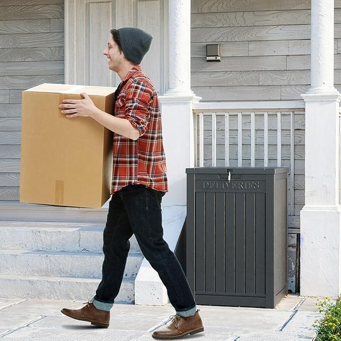 DRATO 48 Gallon Package Delivery Box, Large Lockable Storage Box, Double-Wall Resin Outdoor Package Delivery and Waterproof Deck Box for Porch, Patios