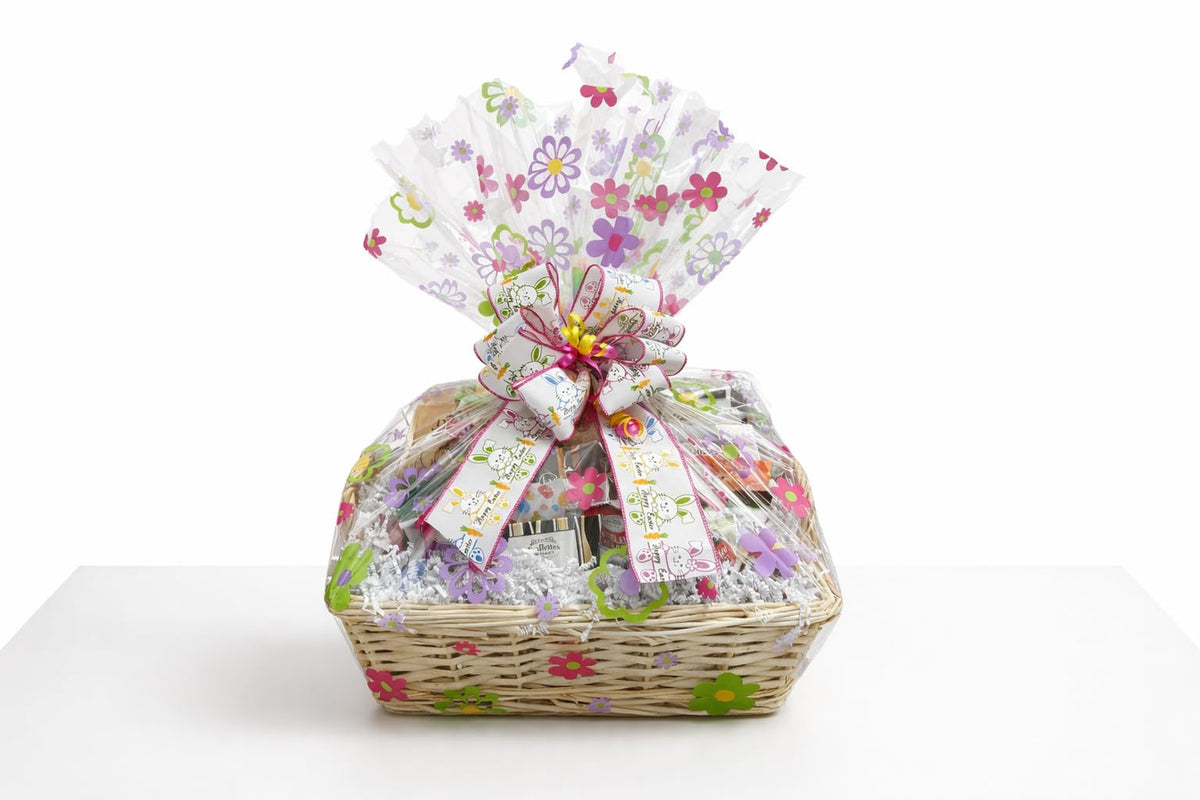 Easter Basket with Chocolate, Candy & Snacks - 16 Inch Tray Easter Wrapped Gift Basket - Spring Holiday Treats for Family, Friends & Coworkers
