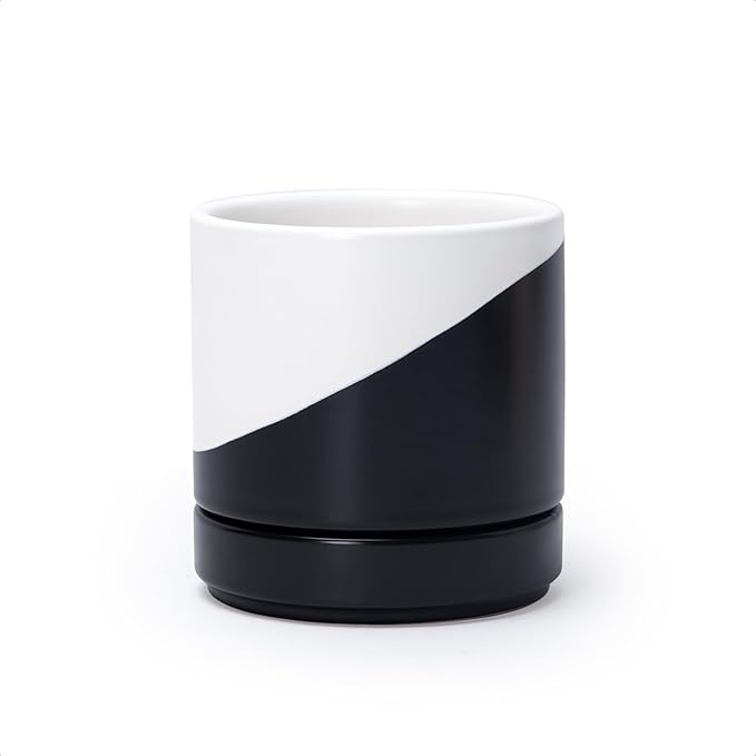 D'vine Dev 4.6 Inch Ceramic Planter Pot with Drainage Hole and Saucer, Indoor Cylinder Round Planter Pot, Oblique Monochrome Black and White, 94-O-B-K