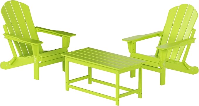 WO Home Furniture Adirondack Chairs Table Set of 3 PCS Outdoor Folding Chairs Coffee Table Weather/UV Resistant for Lawn, Garden, Bon Fire, Balcony (Lime)