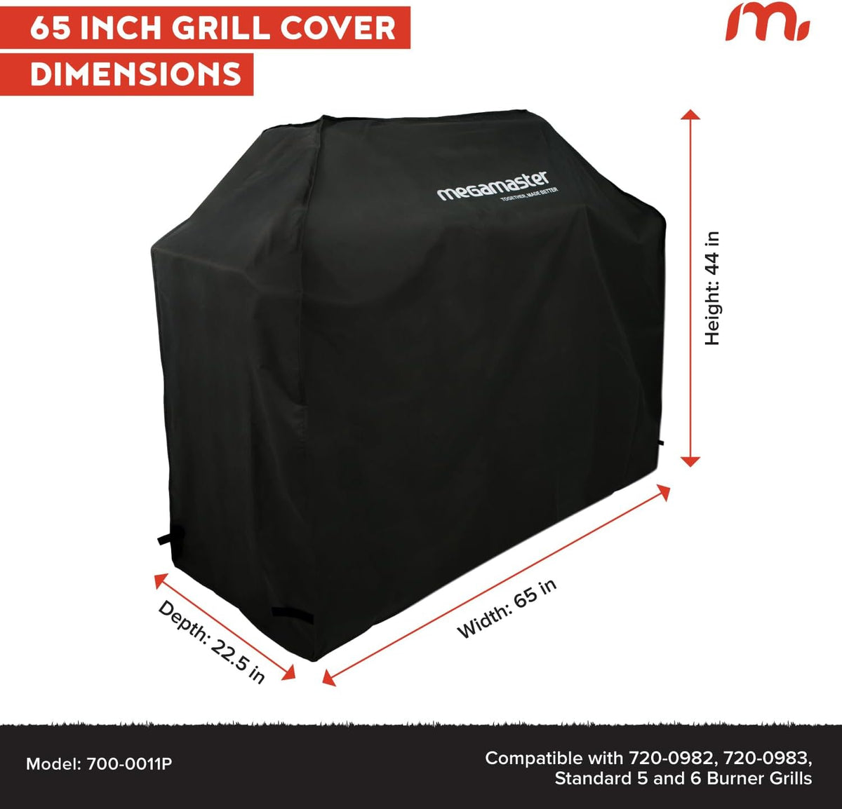65" Gas Grill Cover, Water-Resistant Heavy Duty Cloth, Adjustable Straps, Vented Panels, Designed for 720-0982, 720-0983, and Standard 5 & 6-Burner Grill, 65" W x 23" D x 44" H - 700-0011P
