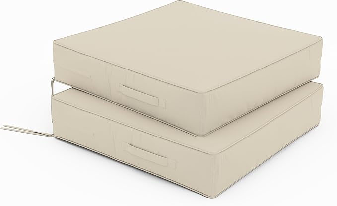 Patio Chair Cushions 24 X 24 X 5 Inch Waterproof Outdoor Seat Cushions for Patio Furniture, Outdoor Sofa Couch Pads with Ties & Handle, Set of 2, Cream