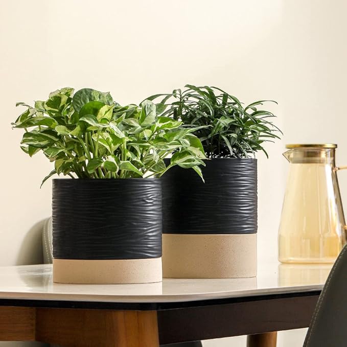 Nihow Ceramic Plant Pot: 6 Inch Planter with Drainage Hole & Saucer for Indoor & Outdoor Plants - Cylinder Round Flower Pot for Succulent/Herbs/Violets - Black & Brown