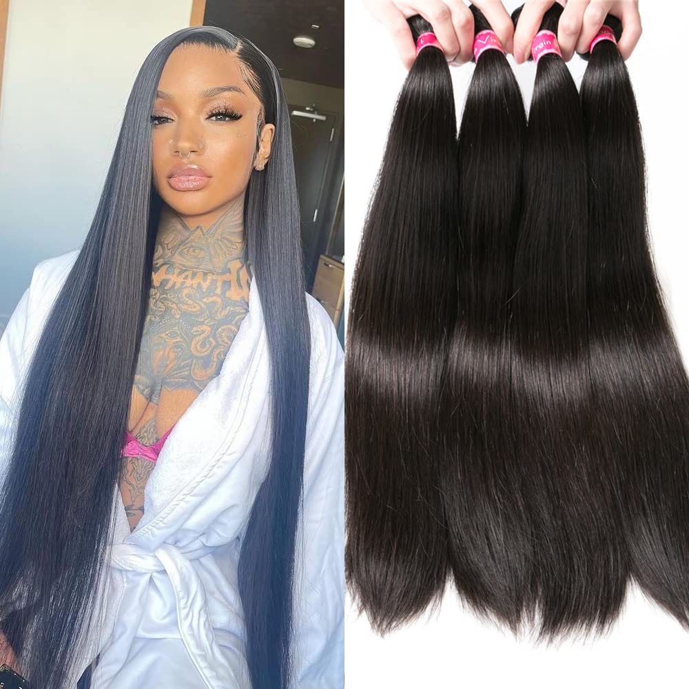 Yisea 12A Straight Bundles Human Hair (22 24 26 28 Inches, Straight 4 Bundles) 100% Unprocessed Brazilian Virgin Straight Human