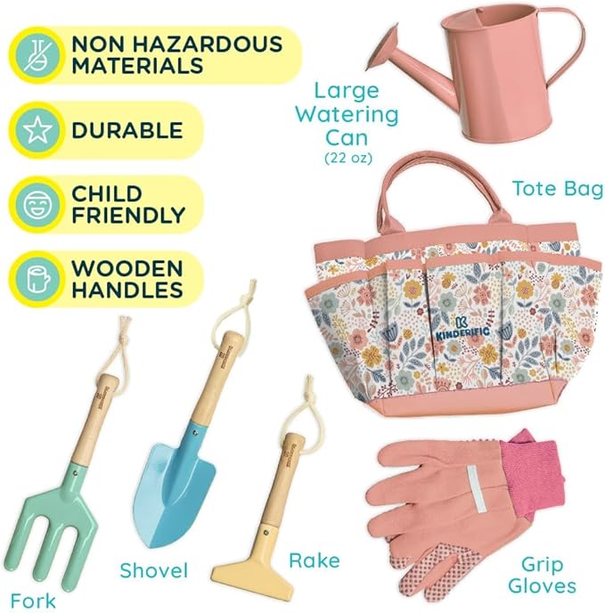 Gardening Set, Tool Kit, for Kids, STEM, Includes Tote Bag, Spade, Watering Can, Rake, Fork, Trowel and Gloves (Petal)
