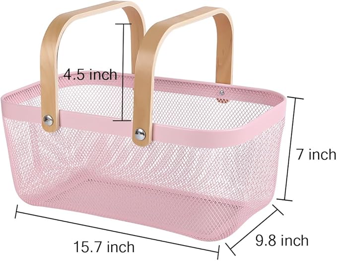 Portable Mesh Harvest Basket - Natural Bamboo Handle Foldable Organizer for Kitchen, Garden & Picnic | Ventilated Storage Bin with Rust-Proof Wire, Space-Saving Farmhouse Decor (Pink)