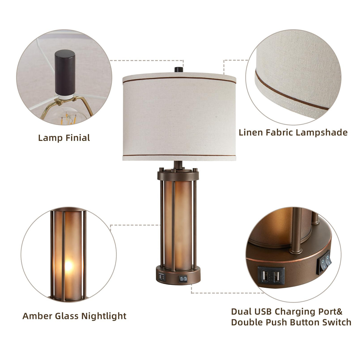 RORIA Farmhouse Table Lamps for Living Room with USB C+A Ports
