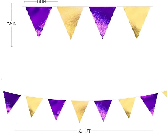Purple and Gold Party Decorations Metallic Fabric Triangle Pennant Banner Flag Bunting Garland for Graduations Birthday Retirement Wedding Baby Shower Bachelorette Halloween Outdoor Party Supplies