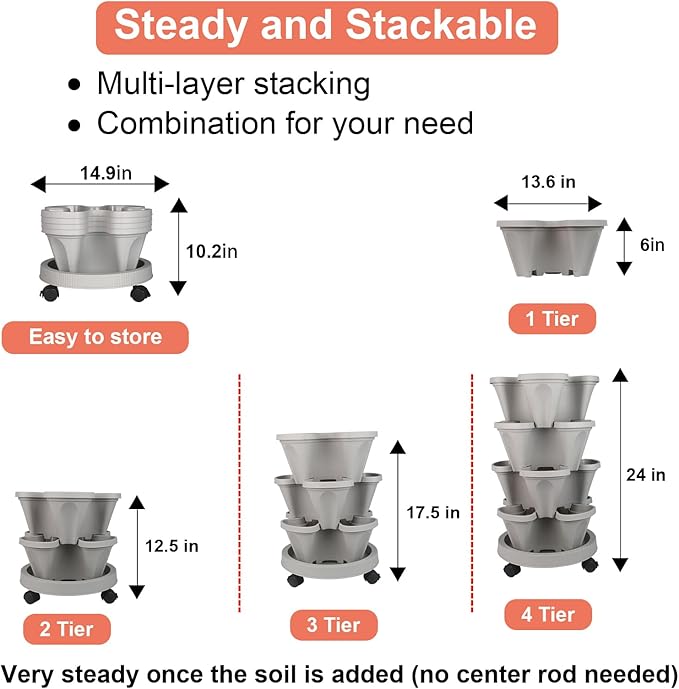 Vertical Planter 4 Tier Stackable Planters Garden Planters Strawberry Herb Flower and Vegetable Planter Indoor Outdoor Gardening Pots with Removable Wheels and Tools