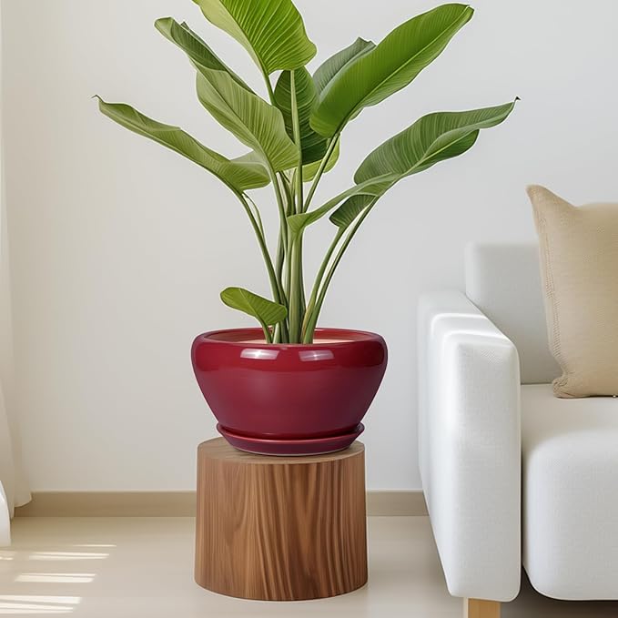 Ceramic Planter - 11 Inch Planter for Outdoor Plants Large Plant Pot Indoor with Drainage Hole and Saucer Round Modern Flower Pot Mid-Century Room Decor Red