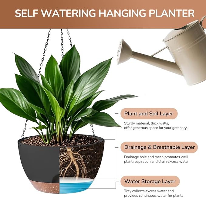 12 Inch Hanging Baskets for Plants Outdoor, Hanging Planters for Indoor Outdoor Plants, Hanging Planter with Self Watering, Hanging Flower Pots (Black)