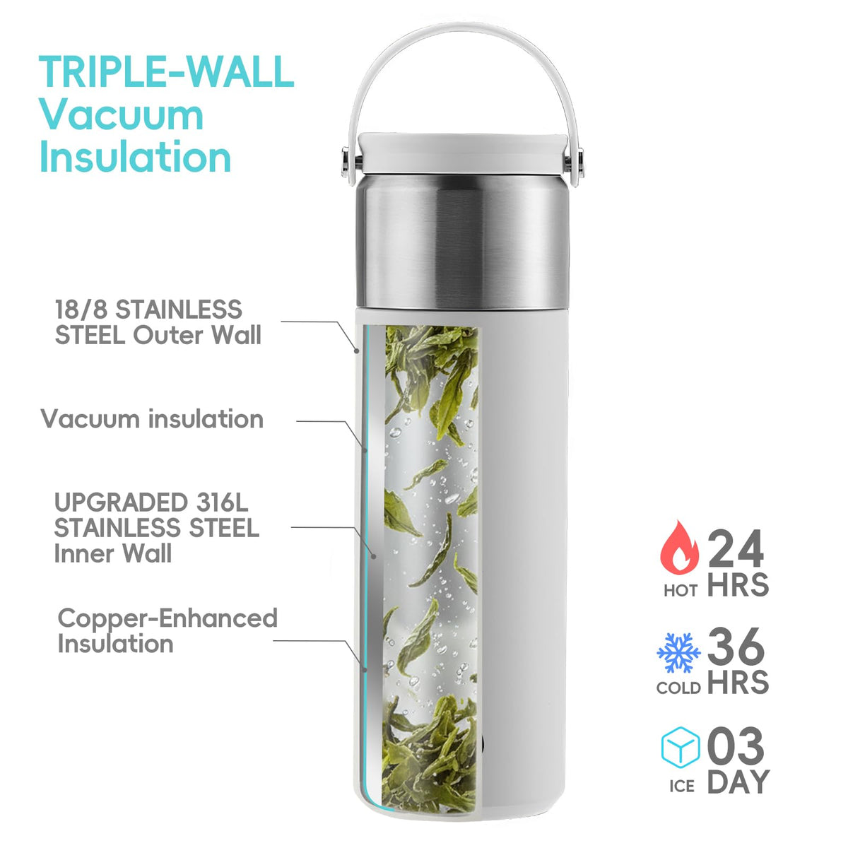 Vynrik 16 oz Stainless Steel Tea Infuser Bottle with Lid double as Tea Cup,Fruit Infuser Insulated Water Bottle,Leak Proof Travel Coffee Mug with Handle