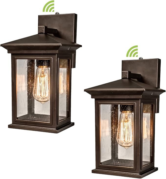 Dusk to Dawn Outdoor Wall Lantern, Exterior Wall Sconce Fixture with Tempered Clear Seeded Glass, Oil Rubbed Bronze (ORB) Finish for Outdoors (Medium Wall Mount - 2 Pack)