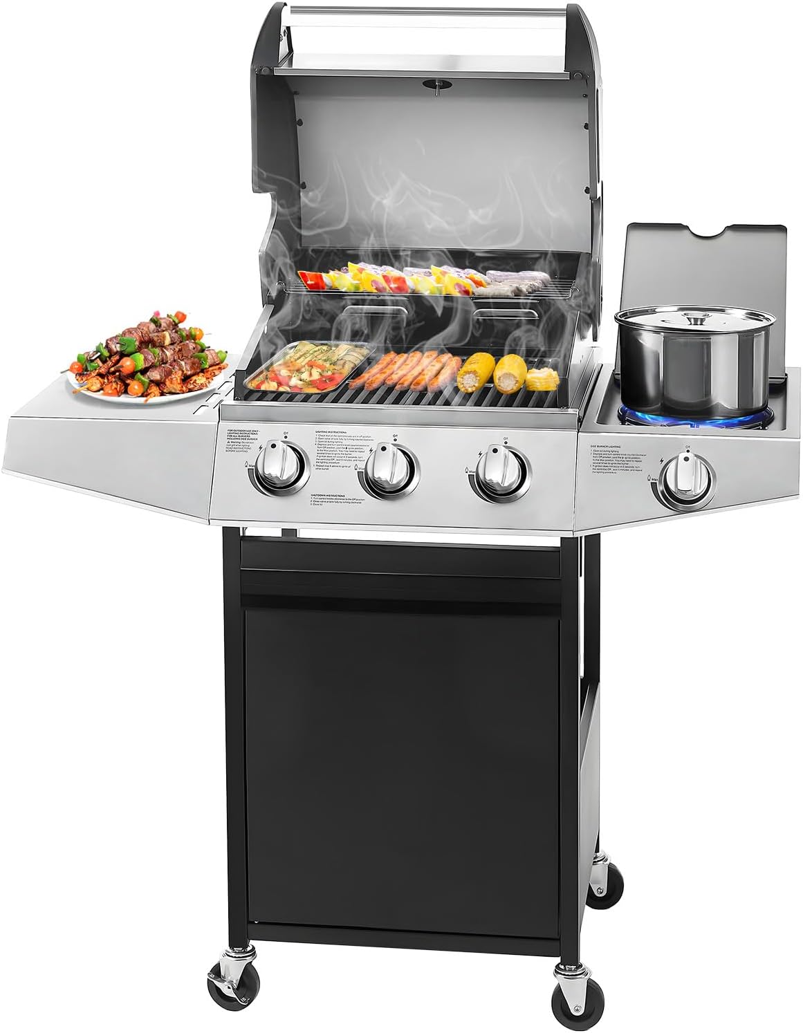 Unovivy 3-Burner Propane Gas BBQ Grill with Side Burner & Porcelain-Enameled Cast Iron Grates Built-in Thermometer, 39,000 BTU Outdoor Cooking, Patio, Garden Barbecue Grill, Black and Silver