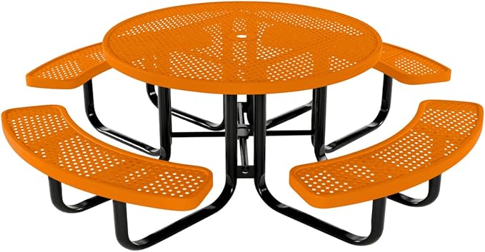 Coated Outdoor Furniture Heavy-Duty Portable Outdoor Kids Table with Umbrella Hole, Punched Steel Kids Picnic Table, Commercial-Grade, Made in America (46 In, Round, Childrens, Orange)