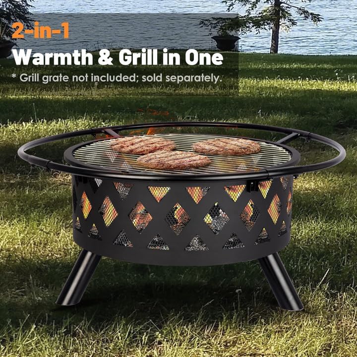 Red Mountain Valley 30'' Outdoor Wood Burning Fire Pit, 2-in-1 Large Round Fire Pit for Outside, Outdoor Fireplaces with Spark Screen, Fire Poker, Cover, Ideal for Patio, Backyard, Camping, Picnic