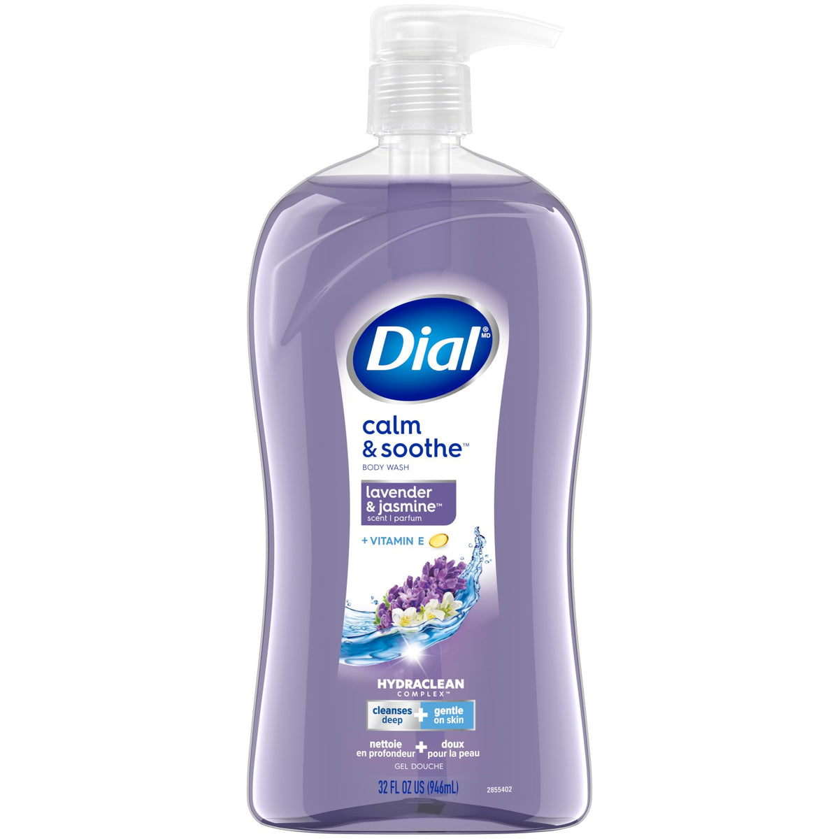 Dial Body Wash, Calm & Soothe Lavender & Jasmine, 32 Fl Oz, Hydraclean Complex & Vitamin E, Gentle, Leaves Skin Feeling Nourished, Dermatologist-Tested, No Parabens & Sulfates