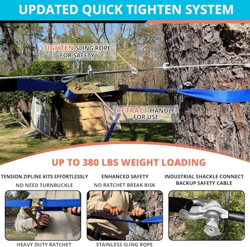Zip Line Kit for Kids Adults : Up to 380Lbs 250FT Quick Tighten Zipline for Backyard Outdoor with 100% Rust Proof Removable Trolley Seat Spring Brake - size: 250ft