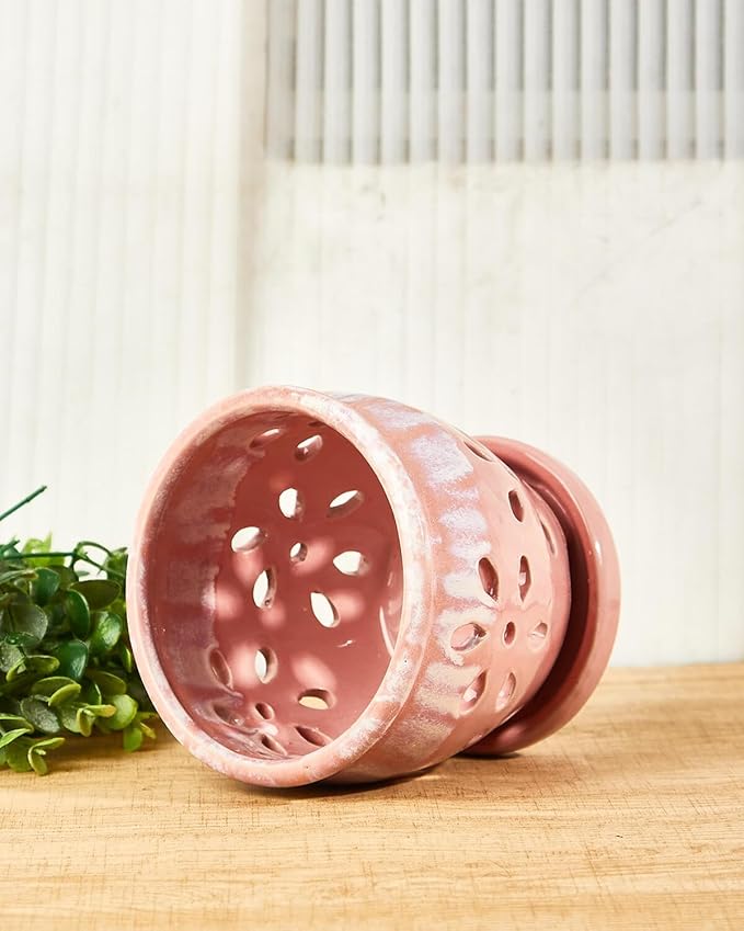 vensovo 5 Inch Ceramic Orchid Pots with Holes and Saucers - 1 Pcs Small Succulent Pot for Repotting, Garden Flowerpots for Plants Indoor and Outdoor Promotes Air Circulation, Pink