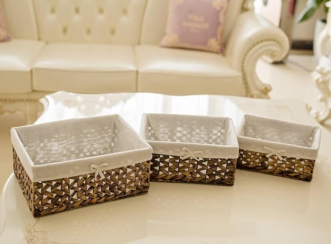 Rectangular Woven Seagrass Storage Bins with Handle,Kingwillow. (water hyacinth, Medium)