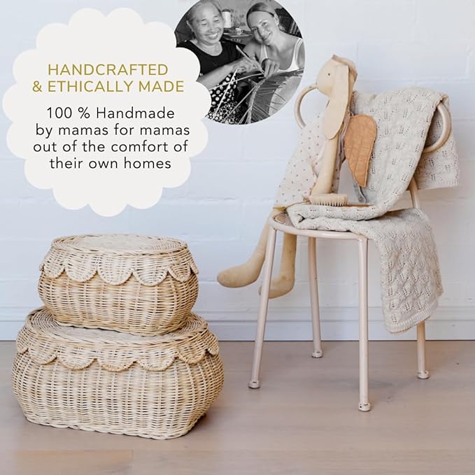 BEBE BASK The Original Scalloped Basket Set Of 2 – Small Scallop Basket - 15 x 10 x 6 In - Hand-Woven & Award-Winning - Elegant Wicker With Scalloped Edge Lid - Nursery Storage - (Natural)