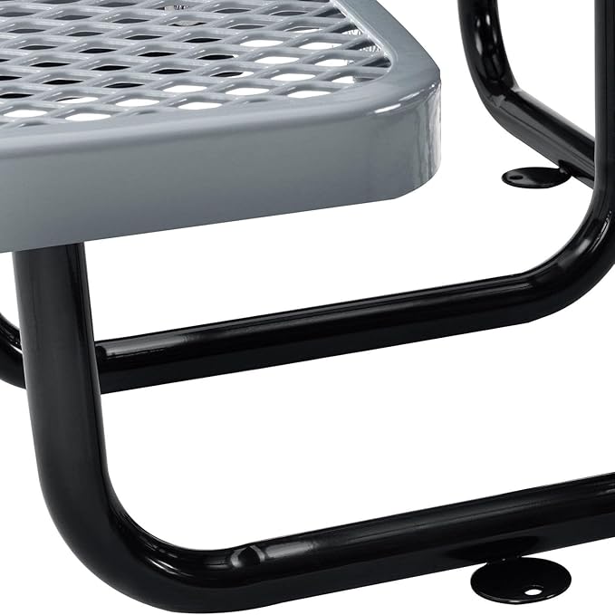 Global Industrial 46" Round Picnic Table, Expanded Metal, Gray Thermoplastic Coating, Attached Benches, 1-1/2” Umbrella Pole Hole, Outdoor-Rated, 1000 lb Capacity